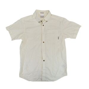 Columbia Mens Regular Fit Short Sleeve Button Down Shirt Cream Pinstripe Size S